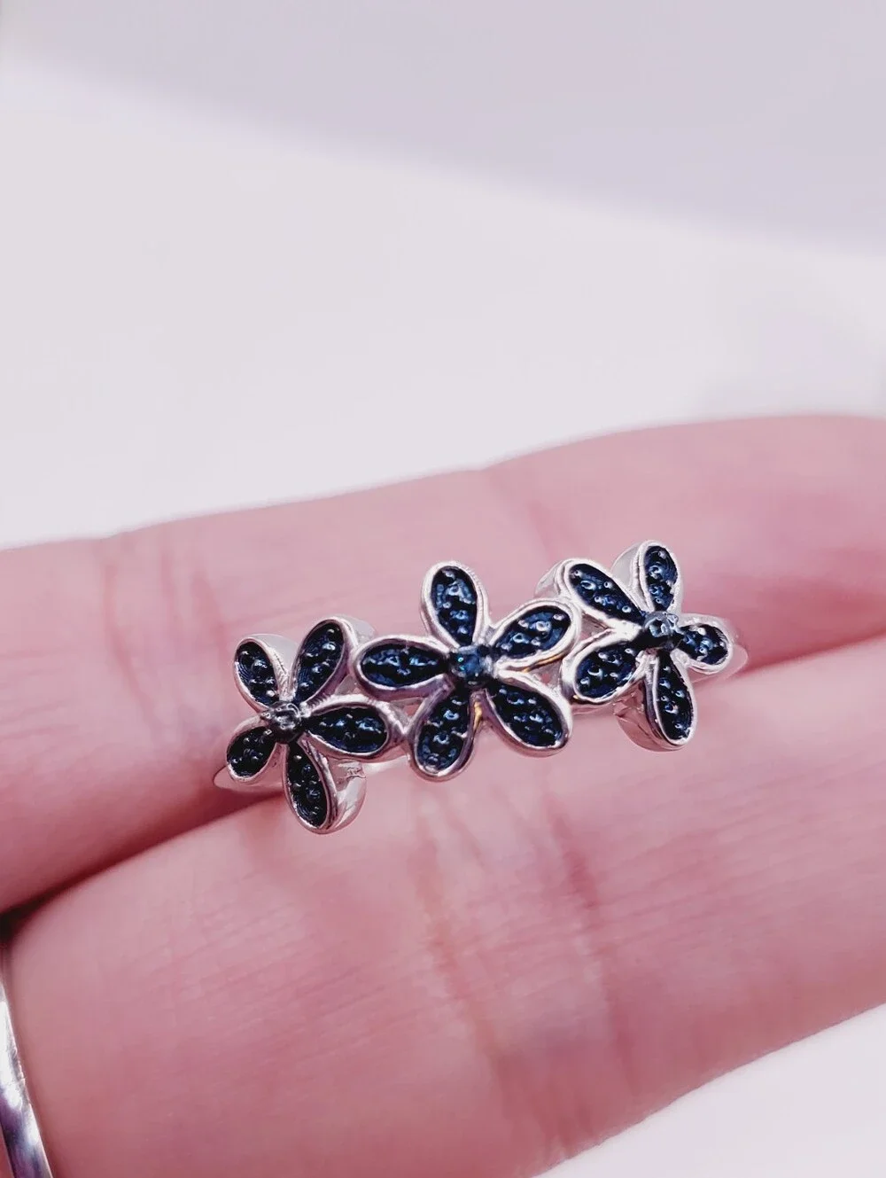 Genuine Blue Diamond Accent 925 Sterling Silver Floral Triple Flower Ring